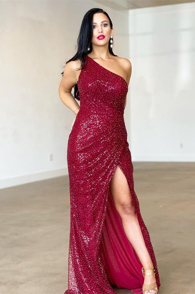 Burgundy One Shoulder Mermaid Long Prom Dress with Backless and Split