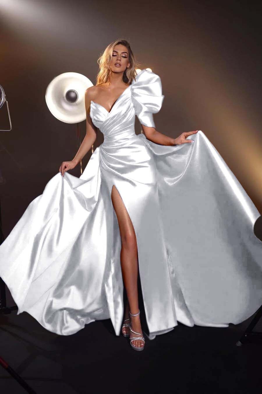 One Shoulder V Neck Long Pleated Prom Dress with Split