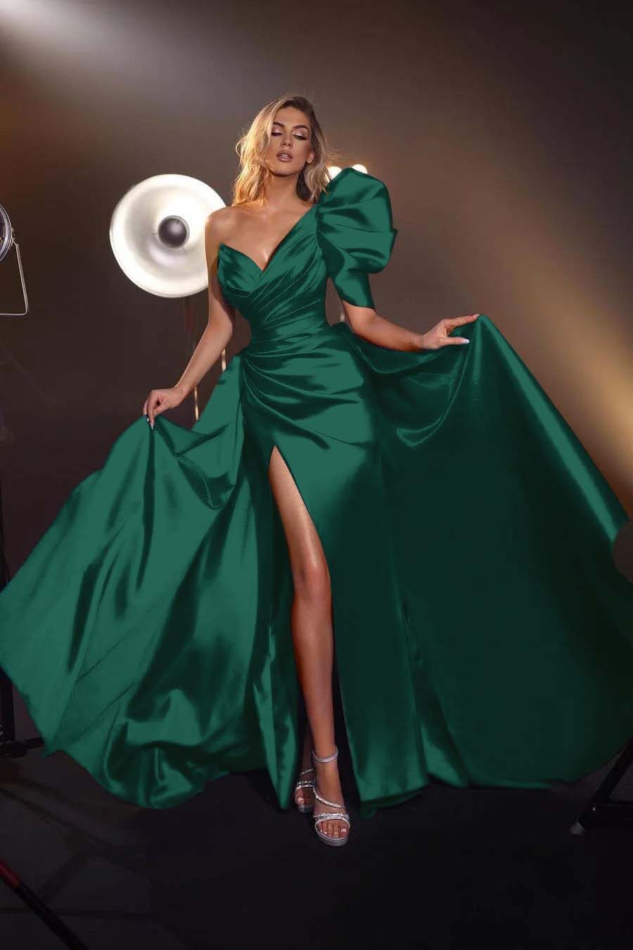 One Shoulder V Neck Long Pleated Prom Dress with Split