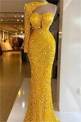 One Shoulder Halter Long Sleeve Mermaid Prom Dress with Sequins