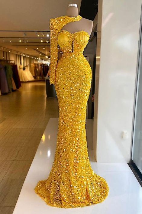 One Shoulder Halter Long Sleeve Mermaid Prom Dress with Sequins