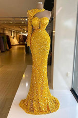 One Shoulder Halter Long Sleeve Mermaid Prom Dress with Sequins
