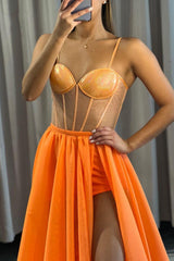 Orange Spaghetti Strap A-Line Long Prom Dress with High Split