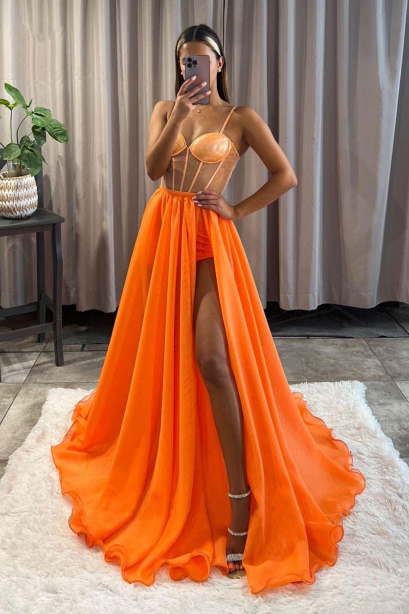 Orange Spaghetti Strap A-Line Long Prom Dress with High Split