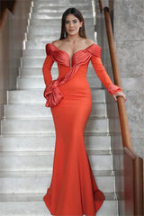 Orange Off the Shoulder Long Sleeve Mermaid Long Prom Dress with Ruffles