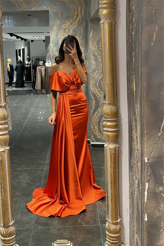 Orange Off the Shoulder Sweetheart Mermaid Long Prom Dress with Ruffles