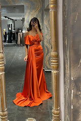 Orange Off the Shoulder Sweetheart Mermaid Long Prom Dress with Ruffles