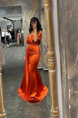 Orange Off the Shoulder Sweetheart Mermaid Long Prom Dress with Ruffles