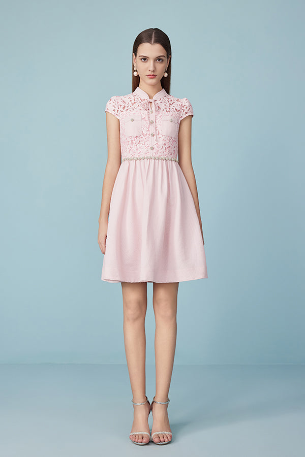 Babyonlines Pink Cap Sleeves Lace Short Dresses with Sash