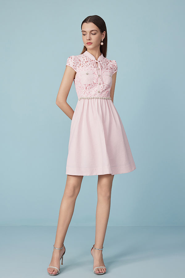 Babyonlines Pink Cap Sleeves Lace Short Dresses with Sash