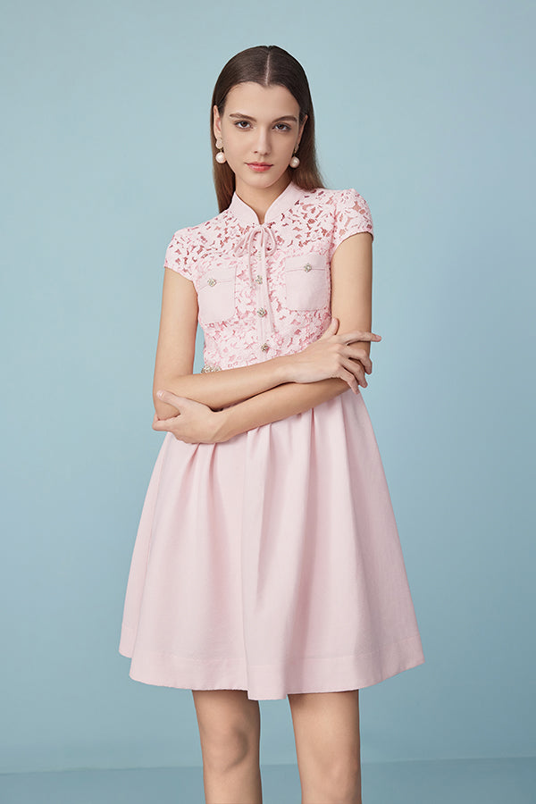 Babyonlines Pink Cap Sleeves Lace Short Dresses with Sash