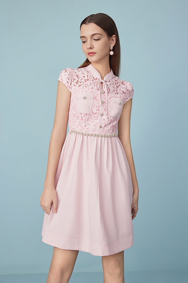 Babyonlines Pink Cap Sleeves Lace Short Dresses with Sash