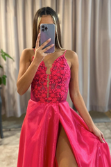 Pink Deep V Neck A-Line Long Prom Dress with Split and Appliques