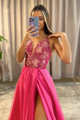 Pink V Neck A-Line Long Prom Dress with Split and Lace Appliques