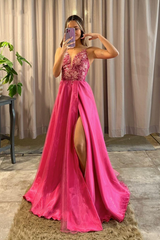 Pink V Neck A-Line Long Prom Dress with Split and Lace Appliques