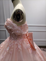 Pink Long Ball Gown Off the Shoulder Tulle Applique Lace Prom Dresses with Bow