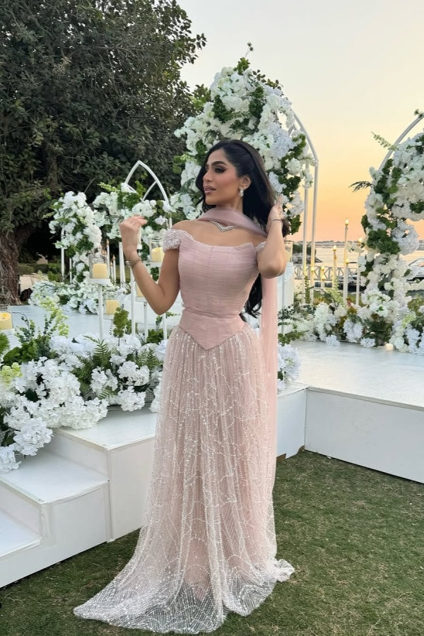 Long A-line Sequined Off-the-Shoulder Evening Formal Dresses with Beaded