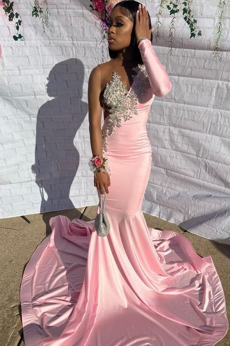 mermaid long sleeve pink prom dresses Long Sleeve Pink Mermaid Prom Dresses Satin