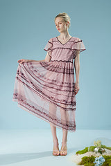 Babyonlines Pink Short Sleeves V-neck Long Dresses