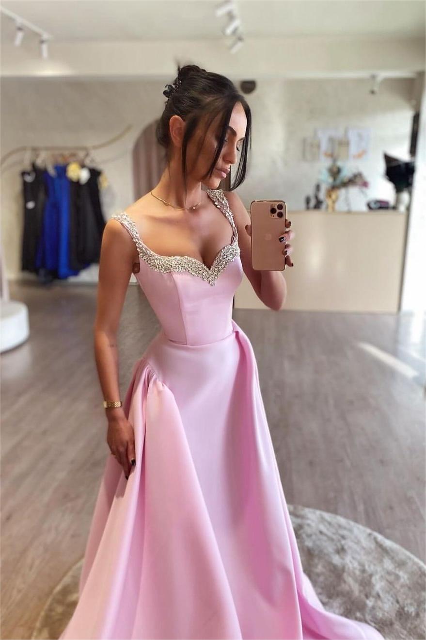 Pink Spaghetti Strap A-Line Long Prom Dress with Beading