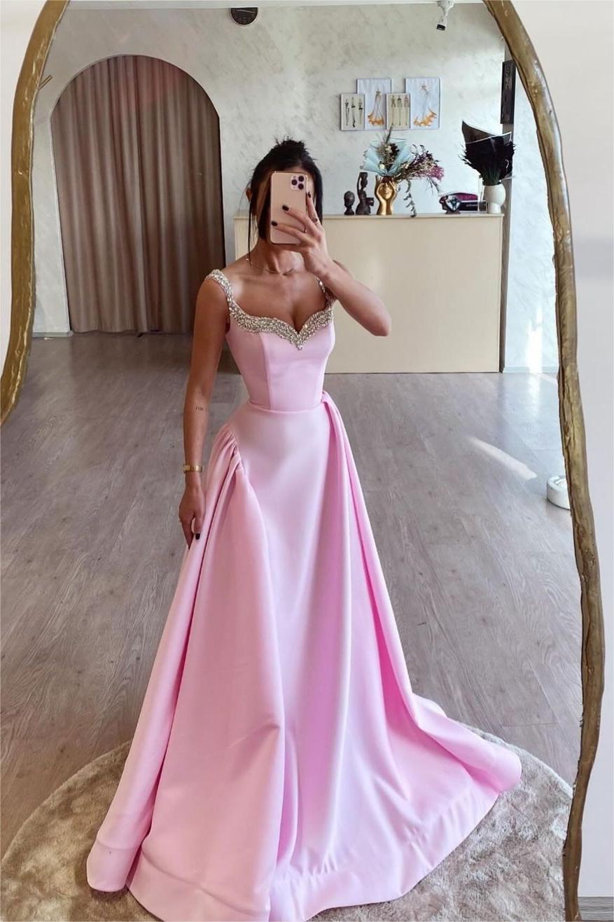 Pink Spaghetti Strap A-Line Long Prom Dress with Beading