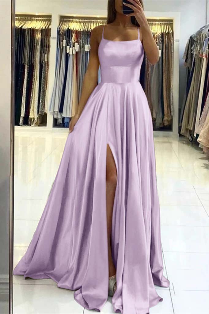 Pink Spaghetti Strap Backless Long Prom Dress with Front Split