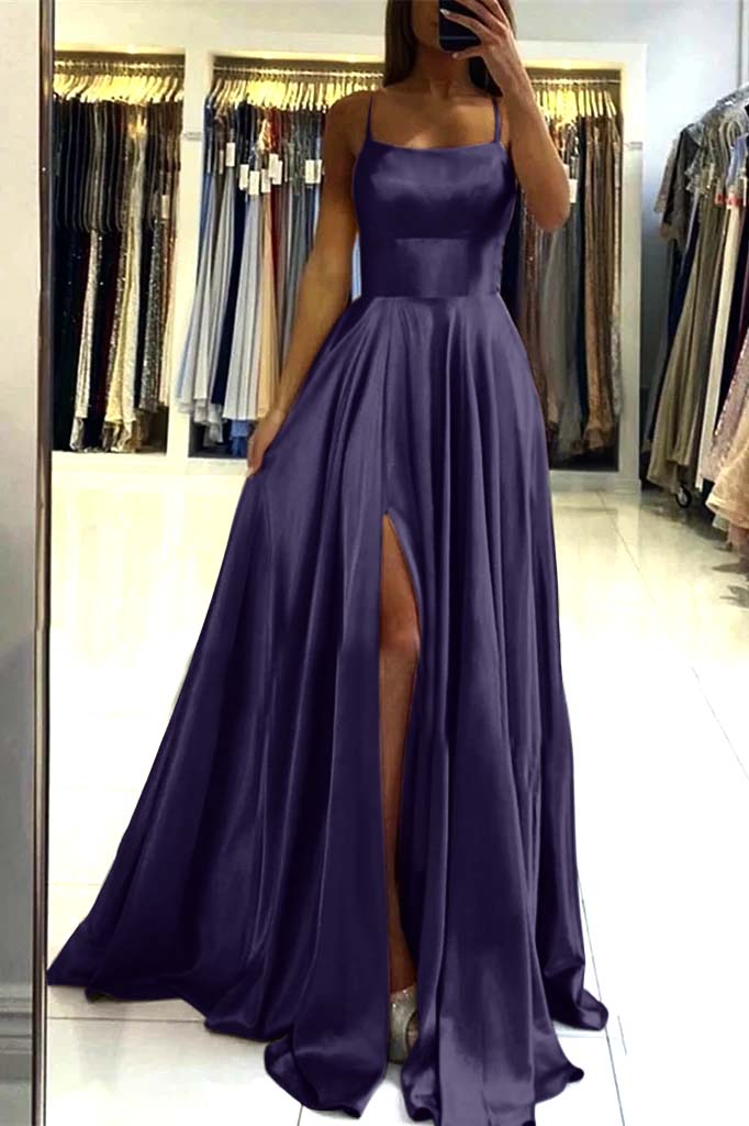 Pink Spaghetti Strap Backless Long Prom Dress with Front Split