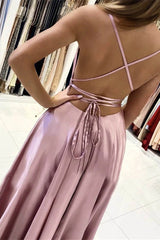 Pink Spaghetti Strap Backless Long Prom Dress with Front Split