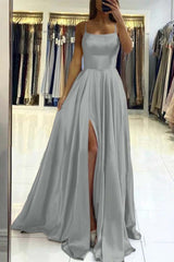 Pink Spaghetti Strap Backless Long Prom Dress with Front Split