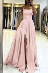 Pink Spaghetti Strap Backless Long Prom Dress with Front Split