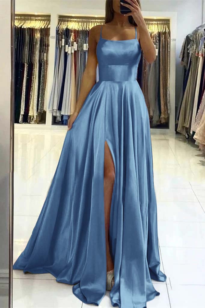 Pink Spaghetti Strap Backless Long Prom Dress with Front Split