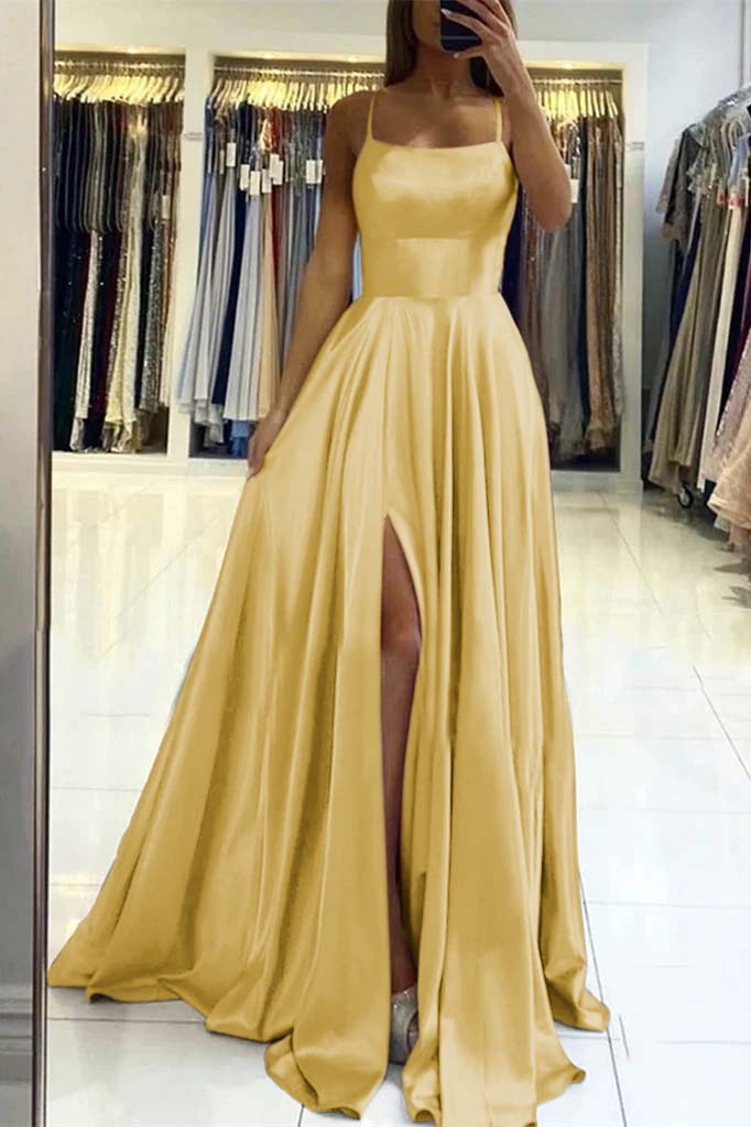 Pink Spaghetti Strap Backless Long Prom Dress with Front Split