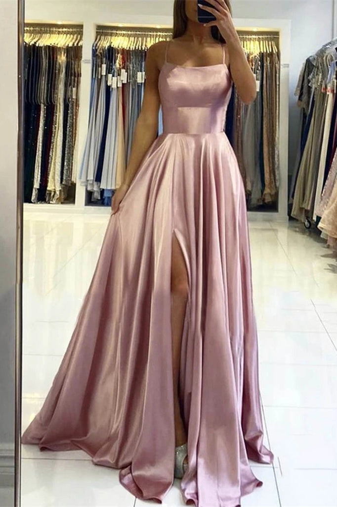 Pink Spaghetti Strap Backless Long Prom Dress with Front Split