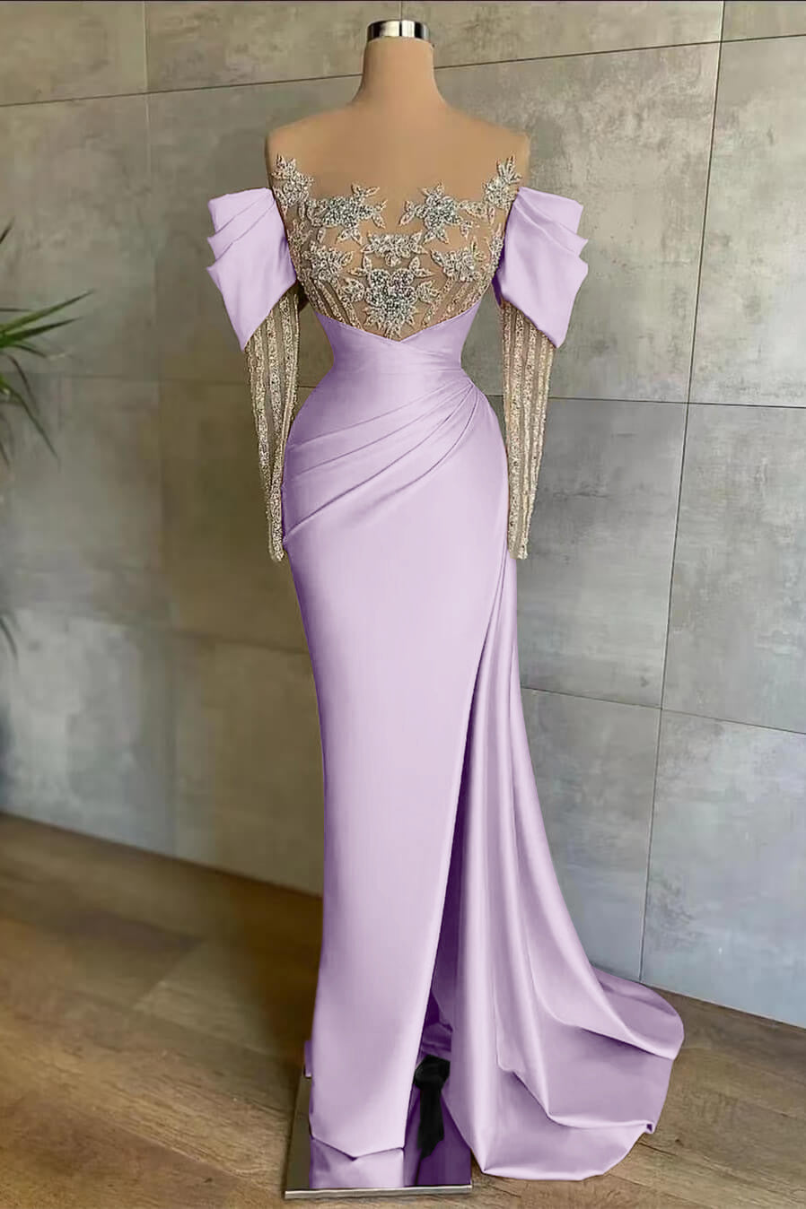 Off the Shoulder Long Sleeve Mermaid Prom Dress with Beading Split