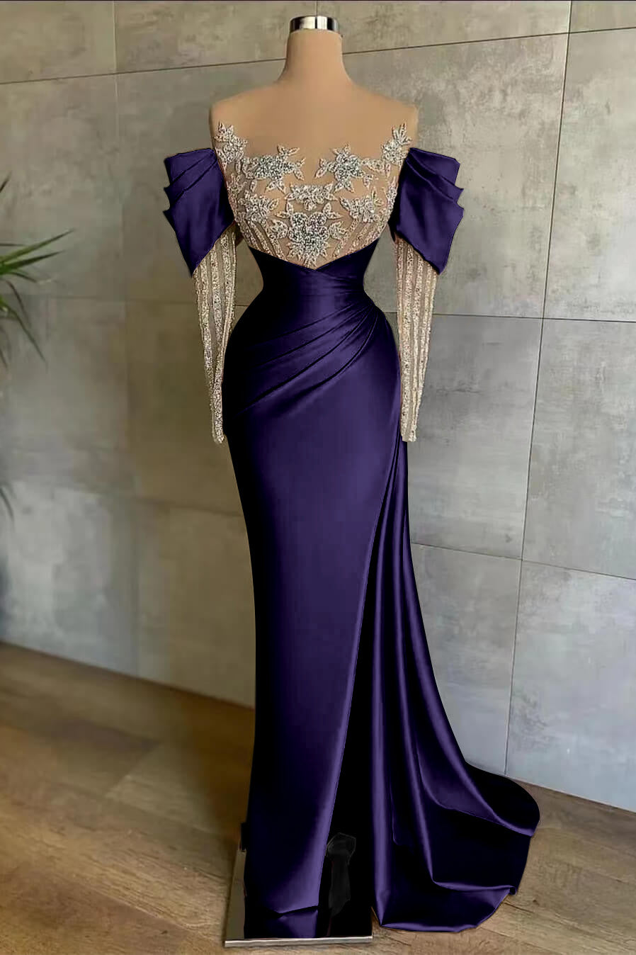 Off the Shoulder Long Sleeve Mermaid Prom Dress with Beading Split
