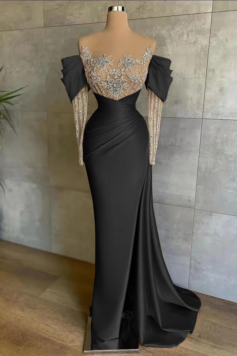 Off the Shoulder Long Sleeve Mermaid Prom Dress with Beading Split