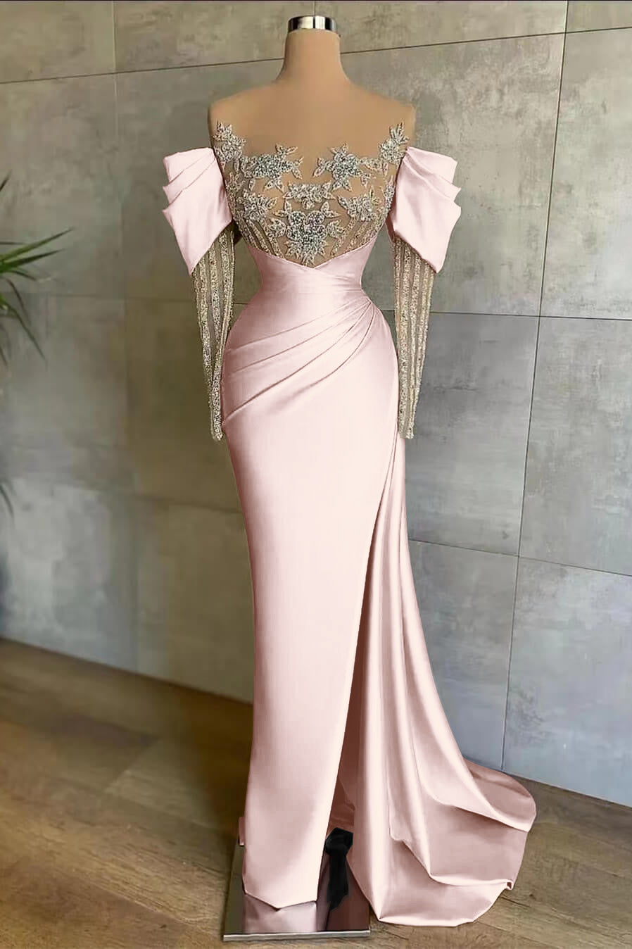 Off the Shoulder Long Sleeve Mermaid Prom Dress with Beading Split