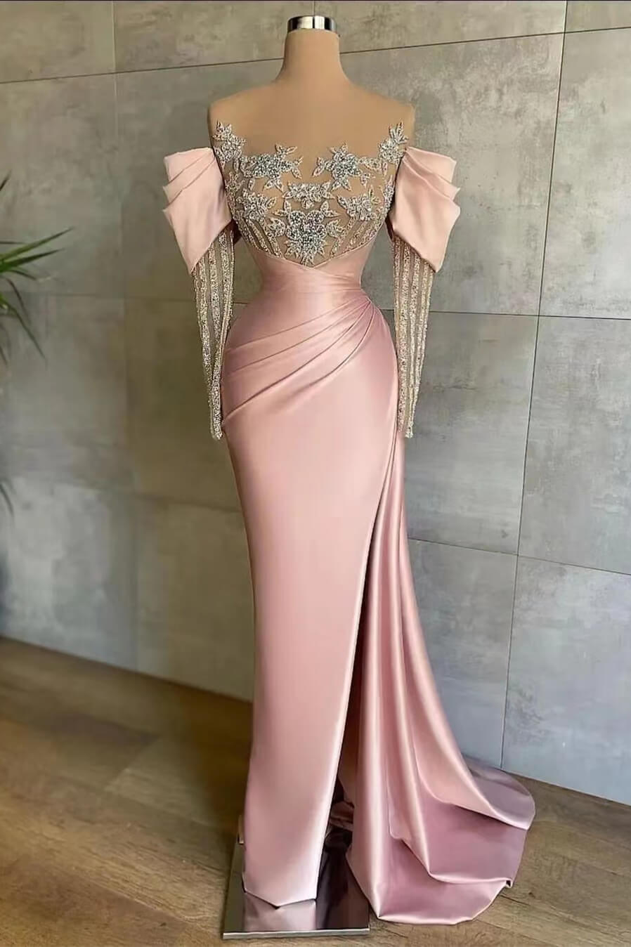 Off the Shoulder Long Sleeve Mermaid Prom Dress with Beading Split