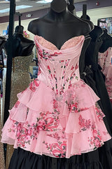 Babyonlines Pink Strapless Corset Short Floral Homecoming Dresses