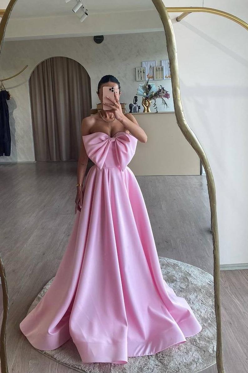 Pink Strapless Sweetheart A-Line Long Prom Dress with Bowknot