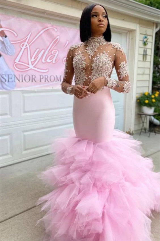 High Neck Long Sleeve Mermaid Prom Dress with Tulle and Lace Appliques