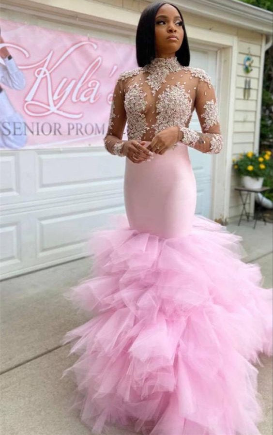 High Neck Long Sleeve Mermaid Prom Dress with Tulle and Lace Appliques