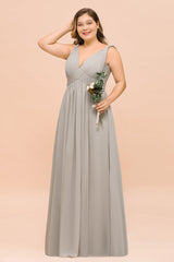 Plus Size Chiffon V-neck Sleeveless Affordable Bridesmaid Dress with Ruffle-Babyonlines