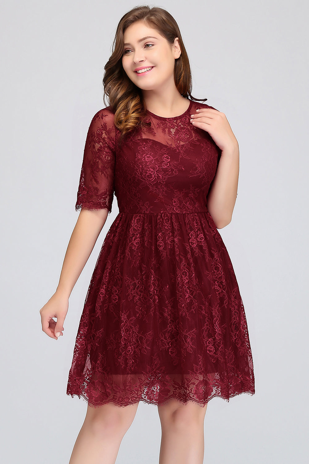 Plus size Jewel Burgundy Affordable Bridesmaid Dress with Short Sleeves-Babyonlines