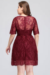 Plus size Jewel Burgundy Affordable Bridesmaid Dress with Short Sleeves-Babyonlines