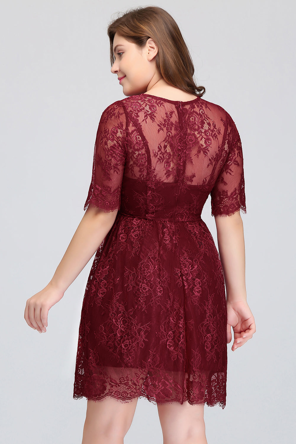 Plus size Jewel Burgundy Affordable Bridesmaid Dress with Short Sleeves-Babyonlines