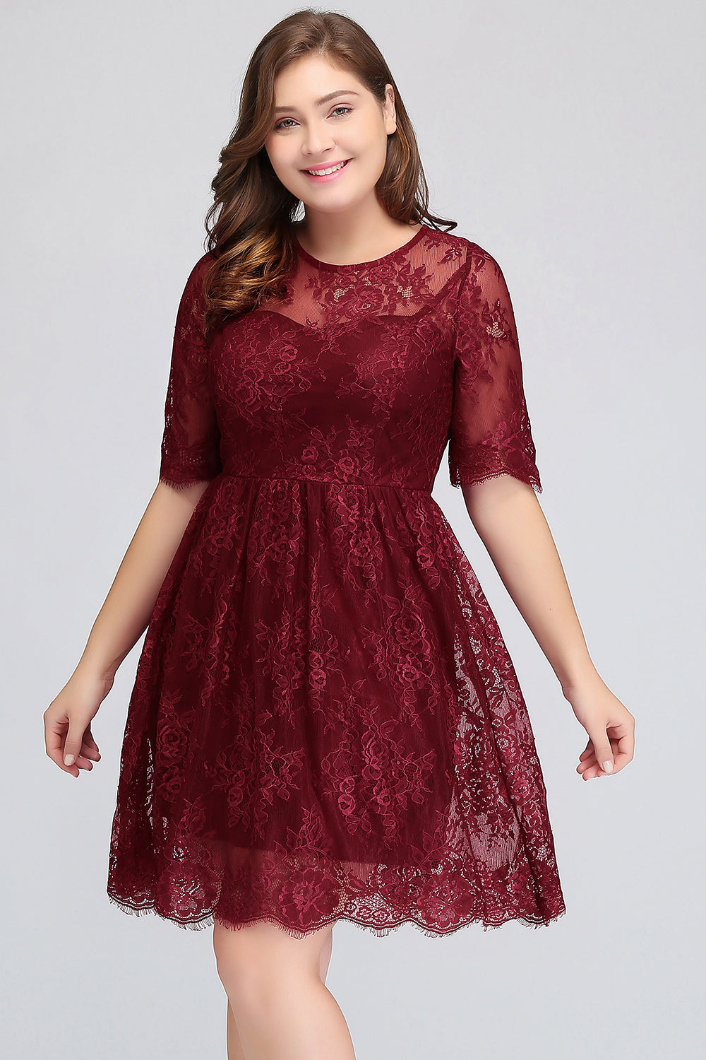 Plus size Jewel Burgundy Affordable Bridesmaid Dress with Short Sleeves-Babyonlines