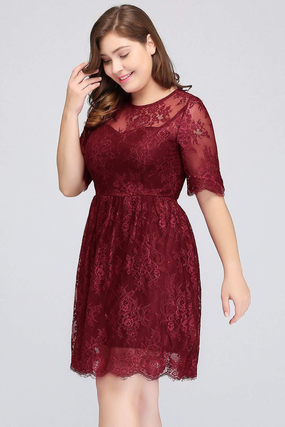 Plus size Jewel Burgundy Affordable Bridesmaid Dress with Short Sleeves-Babyonlines