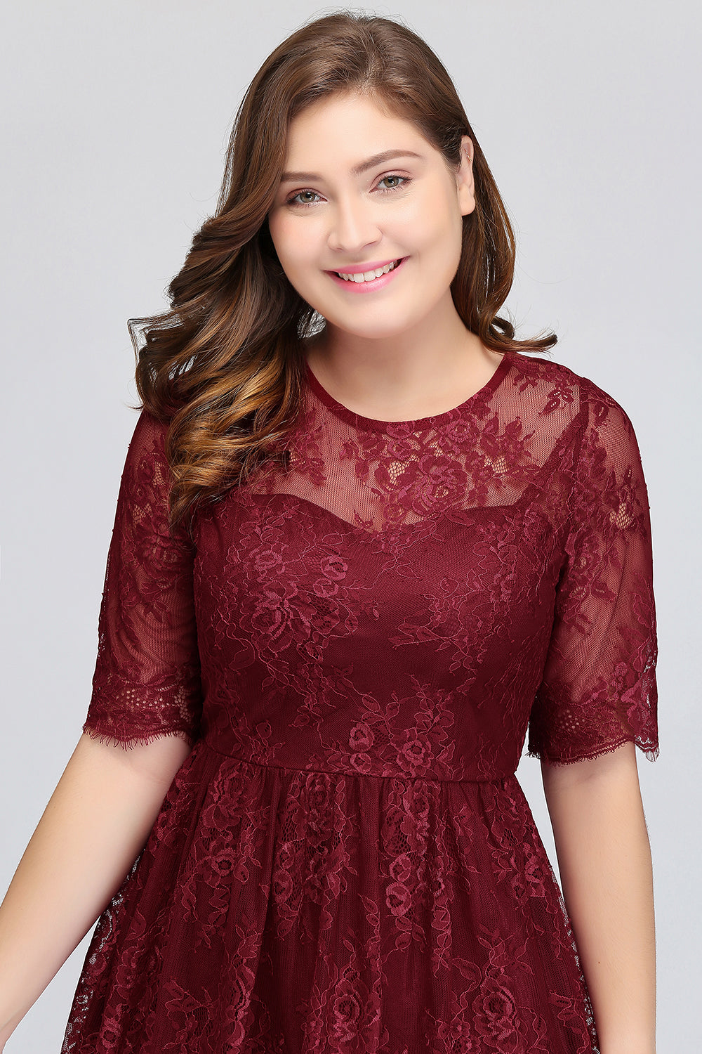 Plus size Jewel Burgundy Affordable Bridesmaid Dress with Short Sleeves-Babyonlines