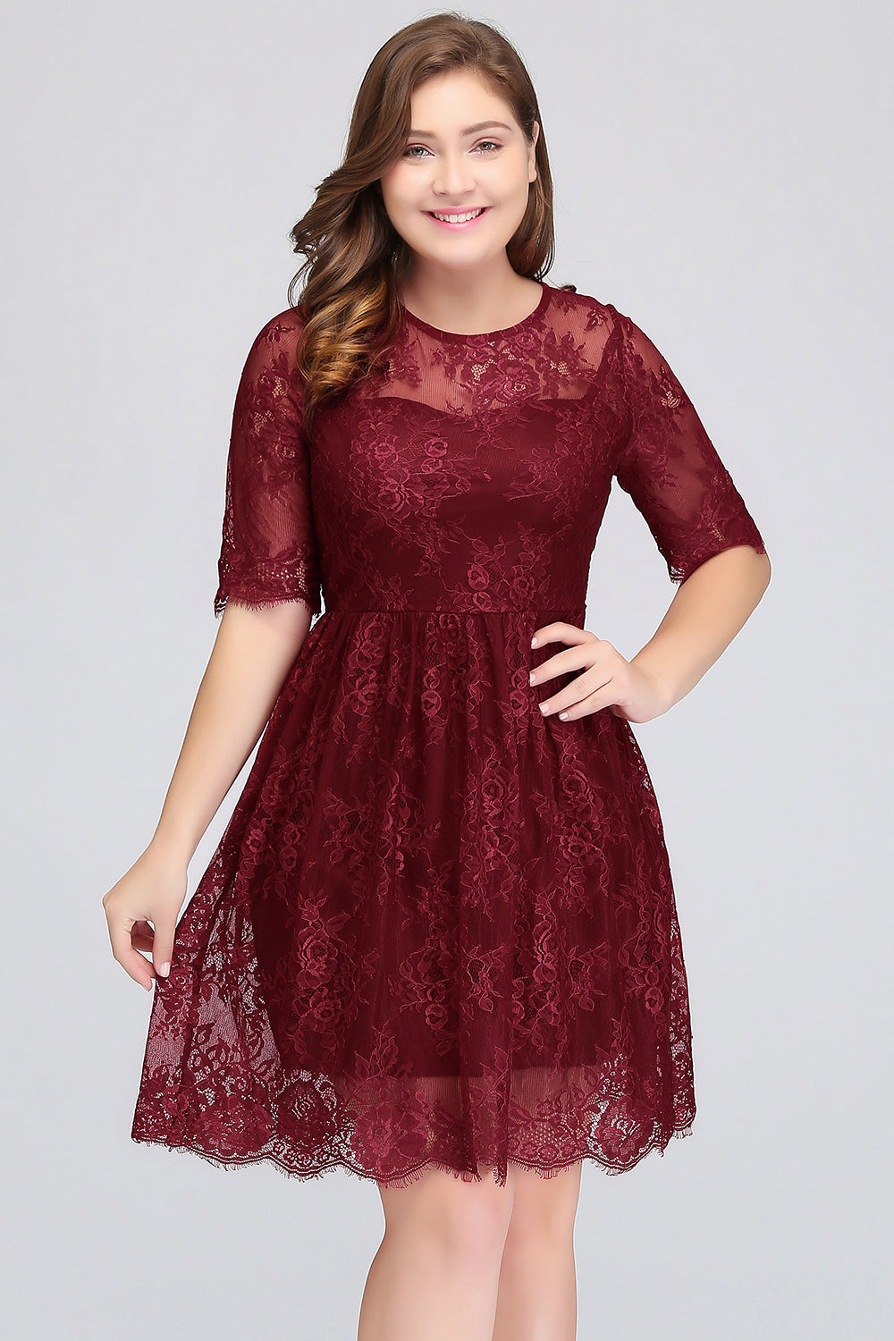 Plus size Jewel Burgundy Affordable Bridesmaid Dress with Short Sleeves-Babyonlines